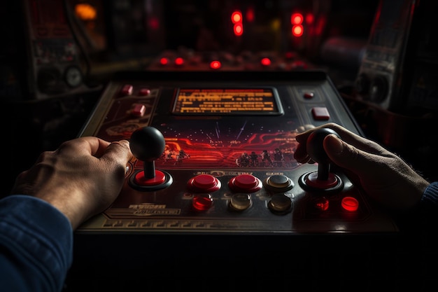 Nahaufnahme eines Spielers, der sich an einem Vintage-Arcade-Spiel mit generativer KI festhält