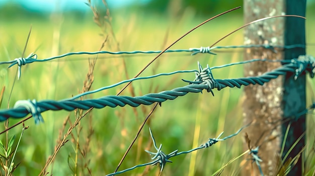 Foto nahaufnahme eines stacheldrahtzauns mit gras. generative ki