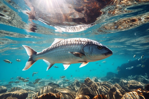 Nahaufnahme eines Stachelrochens mit seinem Baby, das mit anderen Fischen unter Wasser schwimmt