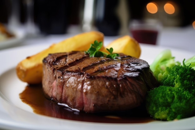 Nahaufnahme eines Steaks und seiner saftigen Säfte mit Kartoffeln und Gemüse im Hintergrund