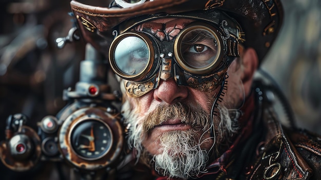 Nahaufnahme eines Steampunk-Mannes mit Hut und Schutzbrille Er hat einen Bart und einen ernsten Gesichtsausdruck