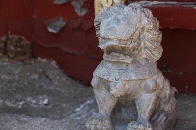 Nahaufnahme eines Steinlöwen im Tempel