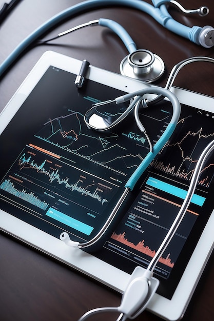 Nahaufnahme eines Stethoskops und eines digitalen Tablets mit virtueller elektronischer Krankenakten Generative Ai