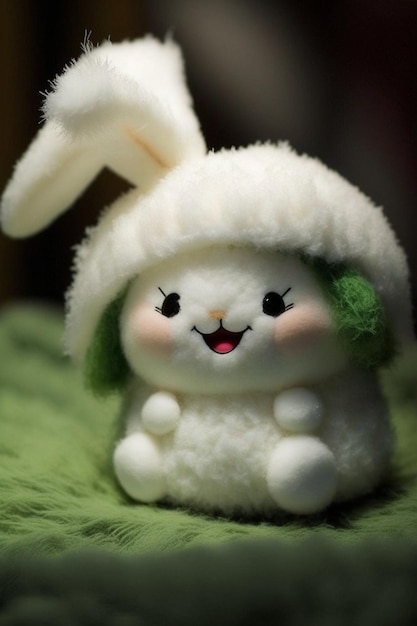 Nahaufnahme eines Stofftiers mit weißem Kaninchen in generativer KI mit grüner Decke