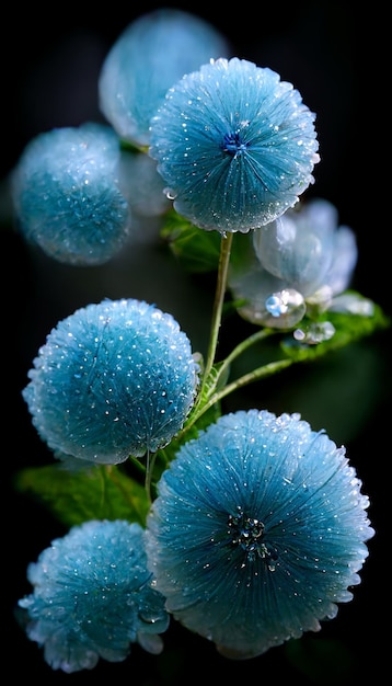 Nahaufnahme eines Straußes blauer Blumen mit generativen Wassertropfen