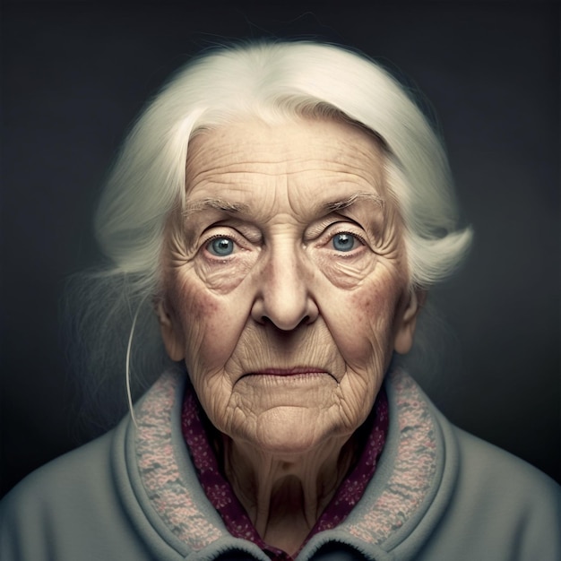 Nahaufnahme eines Studioporträts einer älteren alten Frau auf schwarzem Hintergrund. Generative KI-Technologie