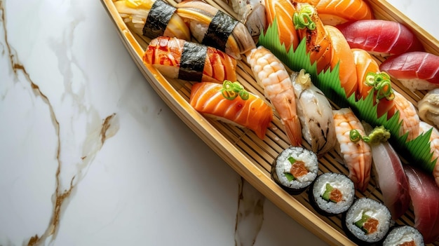 Nahaufnahme eines Sushi-Bootes auf einem weißen Tisch