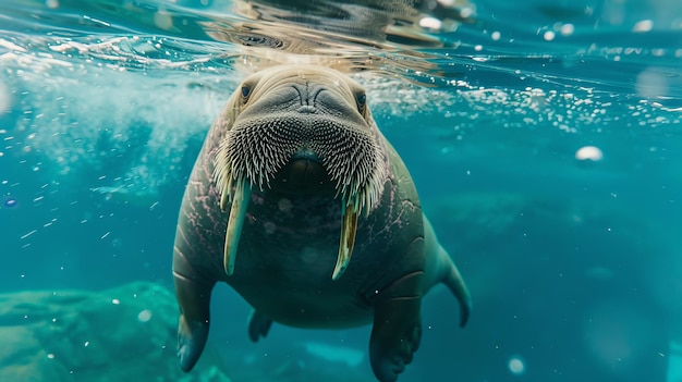 Nahaufnahme eines tauchenden Walrosses im blauen Wasser