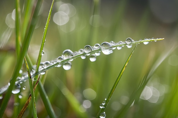 Nahaufnahme eines Tautropfens auf einem Grashalm auf einer nebligen Wiese, erstellt mit generativer KI