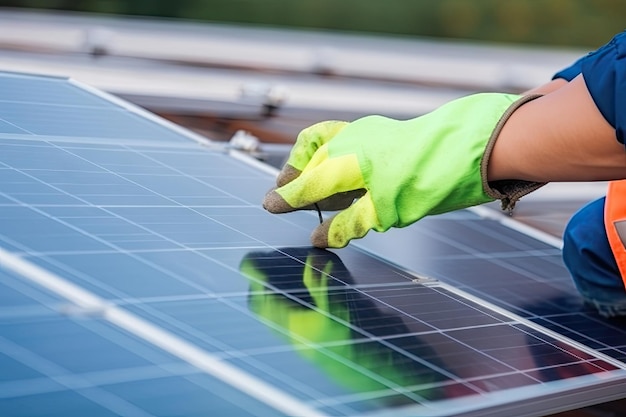 Nahaufnahme eines Technikers in Arbeitshandschuhen, der Solarpanel-Systemstrom installiert