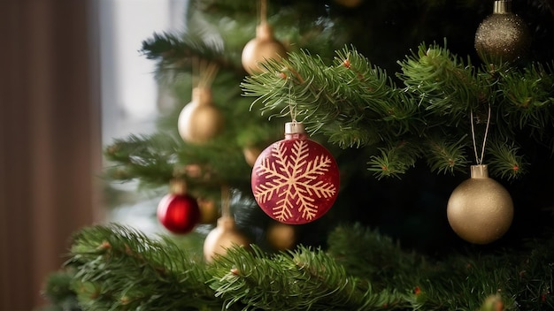 Nahaufnahme eines Teils eines zu Weihnachten geschmückten Tannenbaums