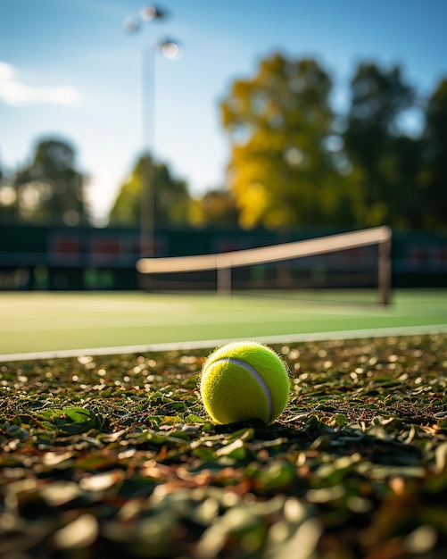 Foto nahaufnahme eines tennisballs, der auf einem straßenplatz liegt