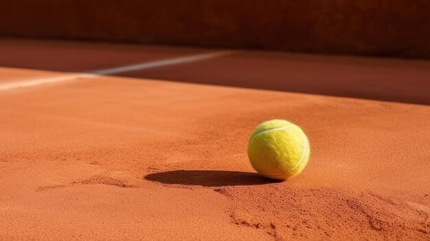 Nahaufnahme eines Tennisballs liegt auf einem Sandtennisplatz mit Kopierraum