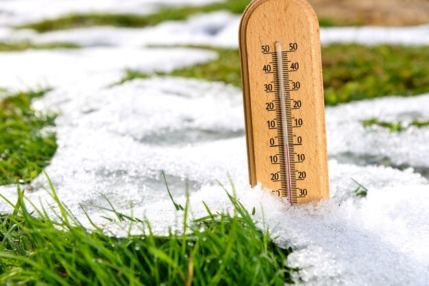 Nahaufnahme eines Thermometers auf schneebedecktem Gras