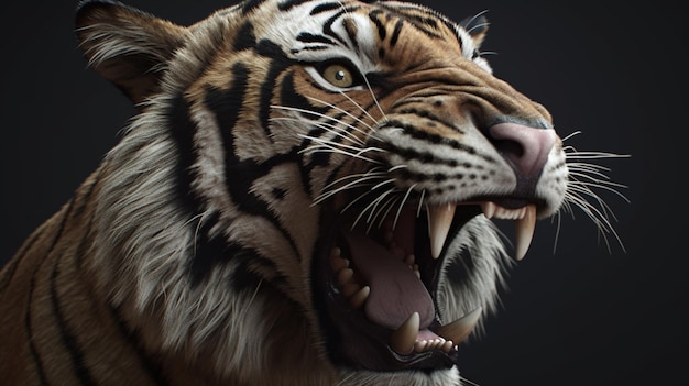 Nahaufnahme eines Tigers mit offenem Mund auf schwarzem Hintergrundgenerative ai