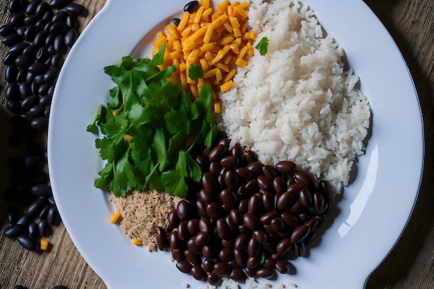 Nahaufnahme eines typisch brasilianischen Gerichts mit Reis und Bohnen, das köstlich zum Genießen bereit ist. Generiert von KI