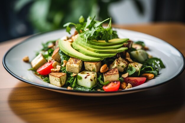 Nahaufnahme eines veganen Salats mit Tofu, Avocado und gemischtem Grün