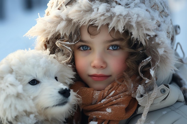 Nahaufnahme eines verschneiten Mädchens in Winterkleidung mit einem Hund der KI-Generation