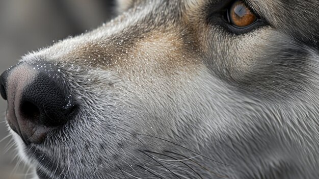 Foto nahaufnahme eines verwitterten husky, dessen graue schnauze von frostigen schnurrhaaren umrahmt ist, die den test der
