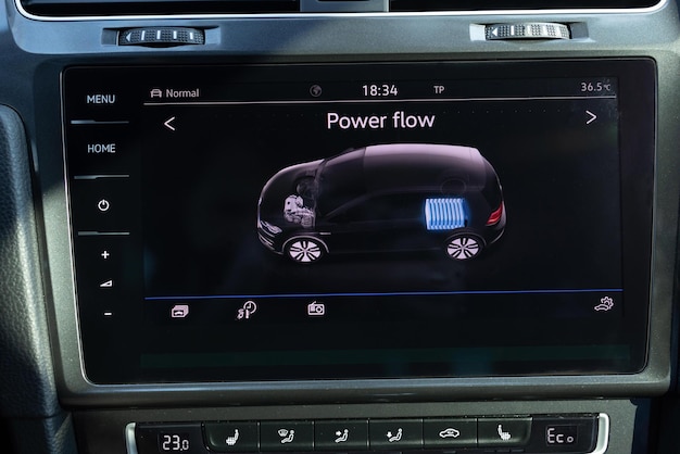 Nahaufnahme eines vollelektrischen Auto-Armaturenbrett-Bordcomputers, der den Status anzeigt