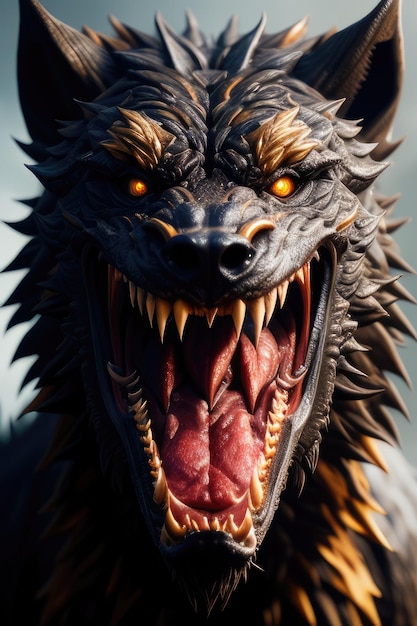 Nahaufnahme eines Vorderansichtporträts des brüllenden Werwolfs mit generativer KI
