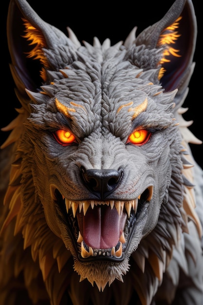 Nahaufnahme eines Vorderansichtporträts des brüllenden Werwolfs mit generativer KI