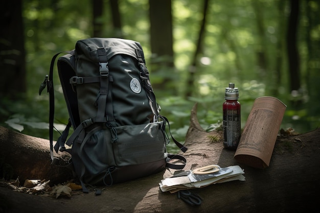 Nahaufnahme eines Wanderrucksacks, der auf dem Waldweg auf dem Boden steht