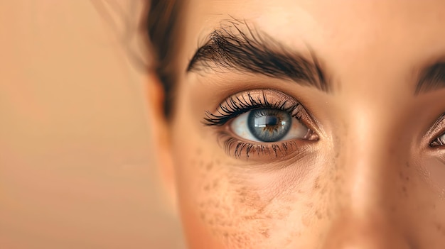 Nahaufnahme eines weiblichen Auges mit blauer Iris und Freckles Porträtdetail Natürliche Schönheit und Vision Konzept Ausdrucksfähige Gesichtsmerkmale KI