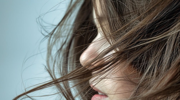Nahaufnahme eines weiblichen langen, welligen Haares, das im Wind weht und Haarpflege und -stil zeigt