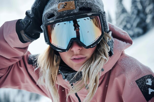 Foto nahaufnahme eines weiblichen snowboarders in rosa anzug und skibrille in schneebedeckten bergen