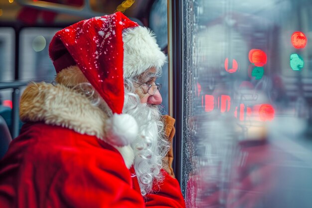 Nahaufnahme eines Weihnachtsmanns, der auf den Bus wartet