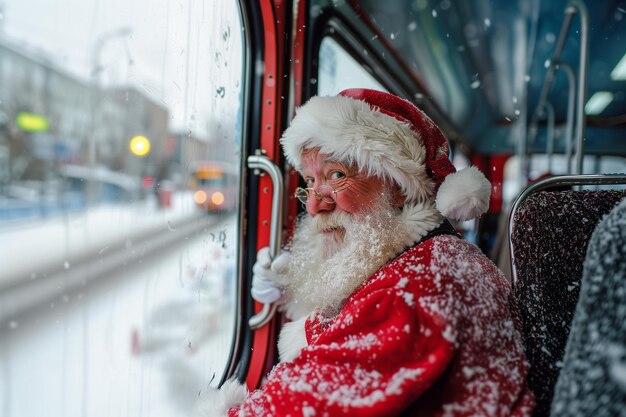 Nahaufnahme eines Weihnachtsmanns, der auf den Bus wartet