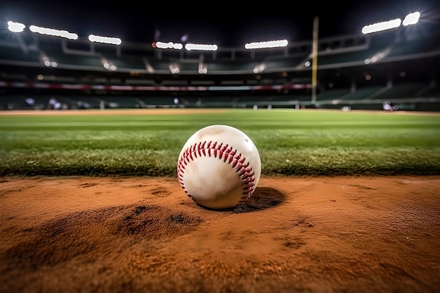 Nahaufnahme eines weißen alten Baseballballs während des Spiels im Stadion, beleuchtet durch die Scheinwerfer. Abendlicht auf dem Baseballfeld