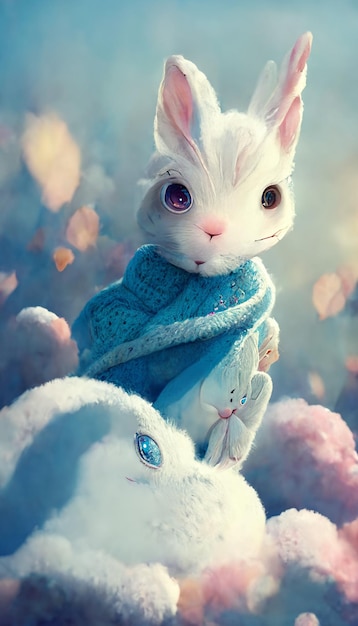 Nahaufnahme eines weißen Kaninchens mit blauem Schal und generativer KI