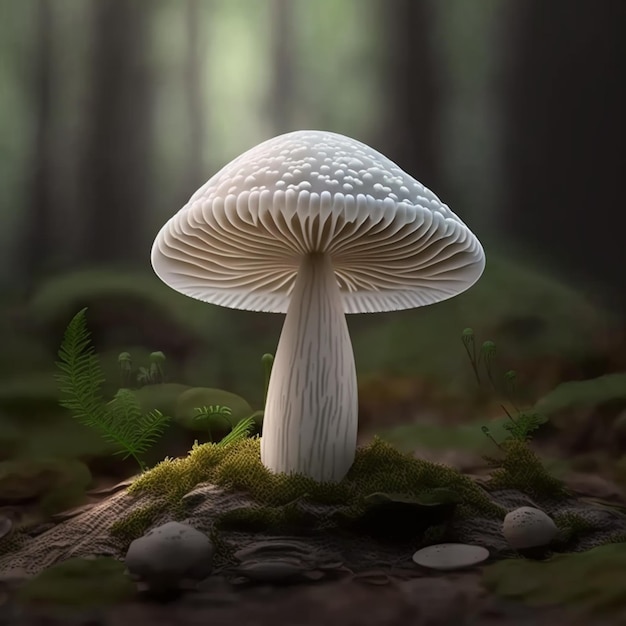 Nahaufnahme eines weißen Pilzes mit einem dunklen Wald