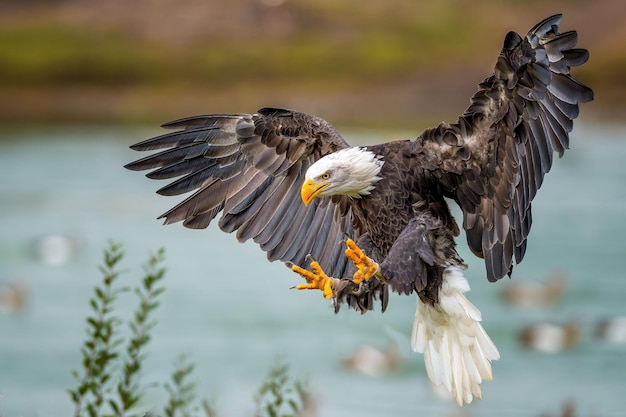 Nahaufnahme eines Weißkopfseeadlers (Haliaeetus leucocephalus) bei der Landung