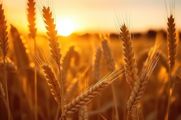 Nahaufnahme eines Weizenfeldes bei Sonnenuntergang im Sonnenlicht