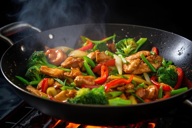 Nahaufnahme eines Woks, der mit sizzlingem Huhn und bunten Paprika gefüllt ist