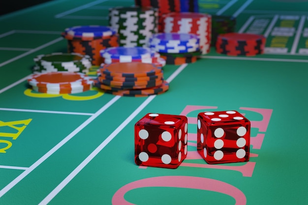 Nahaufnahme eines Würfelpaares, das einen Craps-Tisch herunterrollt Selektiver Fokus Glücksspielkonzept 3D-Darstellung