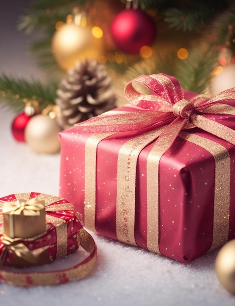 Nahaufnahme eines wunderschön verpackten Weihnachtsgeschenks auf einer gemütlichen, verschwommenen Hintergrundtapete