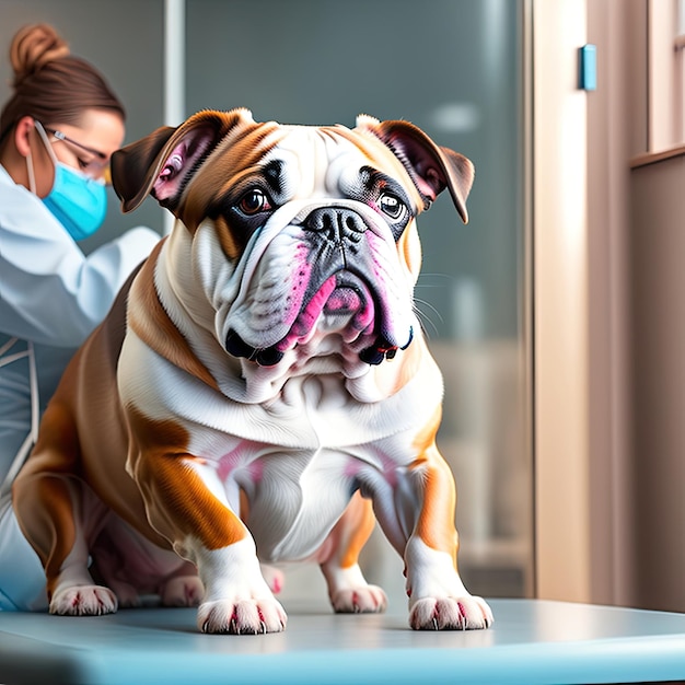 Nahaufnahme eines wunderschönen englischen Bulldogs beim Tierarzt Sickes süßes Haustier sitzt am Untersuchungstisch in der Tierklinik