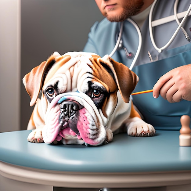 Nahaufnahme eines wunderschönen englischen Bulldogs beim Tierarzt Sickes süßes Haustier sitzt am Untersuchungstisch in der Tierklinik