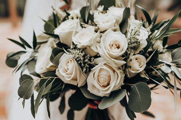 Nahaufnahme eines wunderschönen Hochzeitsstraußes mit wunderschönen weißen Rosen