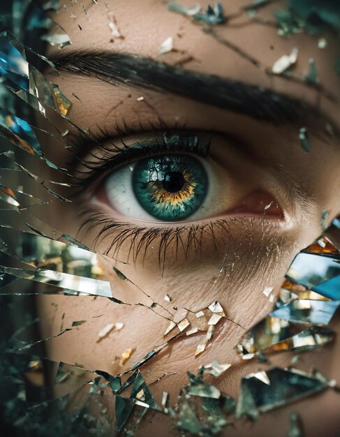 Nahaufnahme eines wunderschönen weiblichen Auges mit gebrochenem Glas-Effekt Fantasy-Bild ai generative