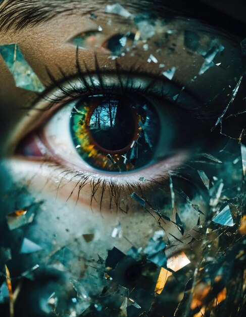 Nahaufnahme eines wunderschönen weiblichen Auges mit gebrochenem Glas-Effekt Fantasy-Bild ai generative