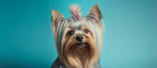 Nahaufnahme eines Yorkshire-Terrier-Hundes mit blauem pastellfarbenem Hintergrund Hundemodefoto Generative KI