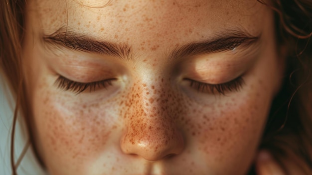 Foto nahaufnahme eines zarten mädchens mit freckles auf dem gesicht, das geschlossene augen berührt