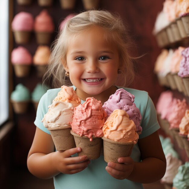 Nahaufnahme farbenfroher Eiscreme auf Kinderhand im Hintergrund