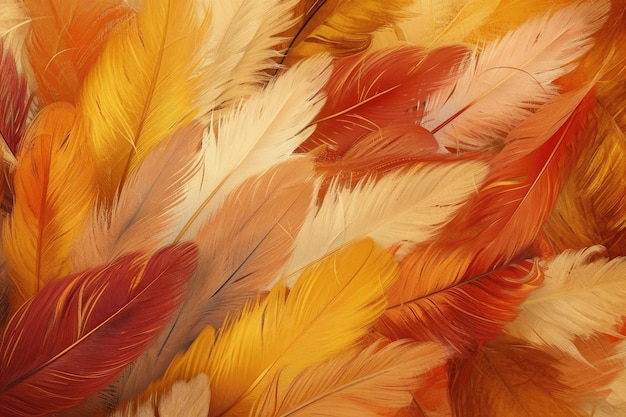 Nahaufnahme farbenfroher Federn in einem lebendigen Sortiment Federnfarbige Pinselstriche in warmen Tönen, die eine Herbstlandschaft darstellen