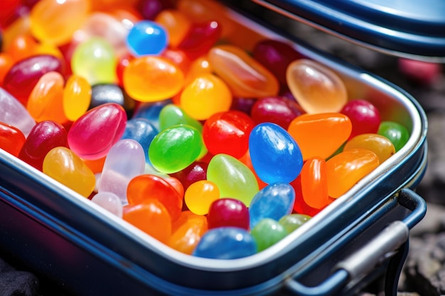 Nahaufnahme farbenfroher Marmelade in einer kleinen Lunchbox